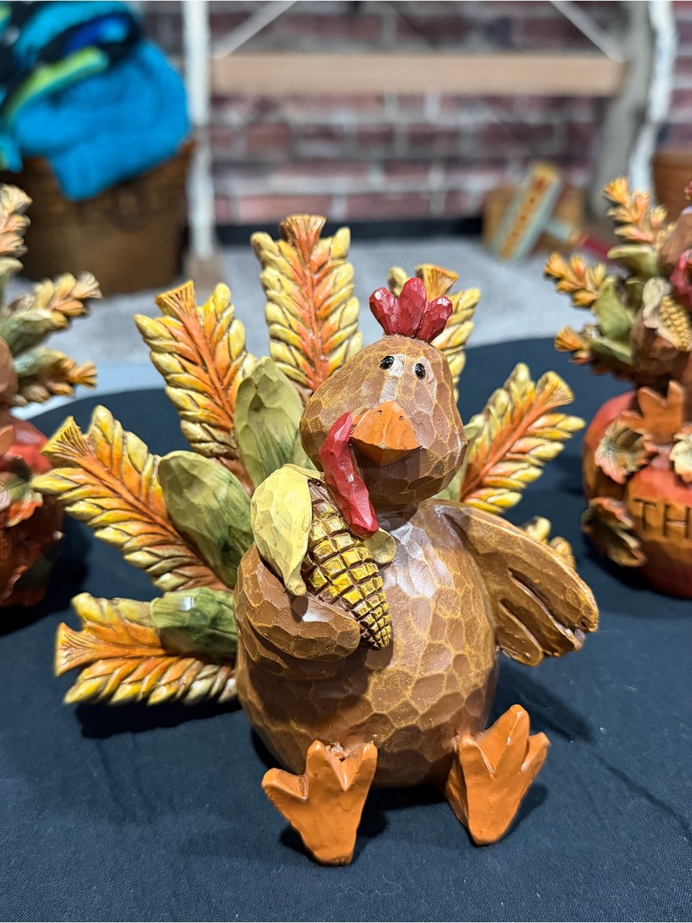 Hand-Painted Wooden Turkeys Figurines with Harvest Corn